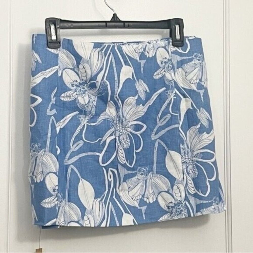 Reformation Blue White Floral Linen Two Piece Set Crop Top Mini Skirt | Size‎ 12 - Picture 7 of 12